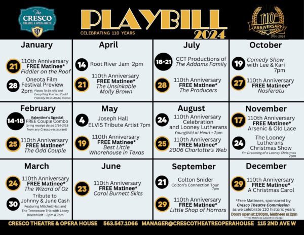 Flyer showing free movies and events at the Cresco Theatre & Opera House