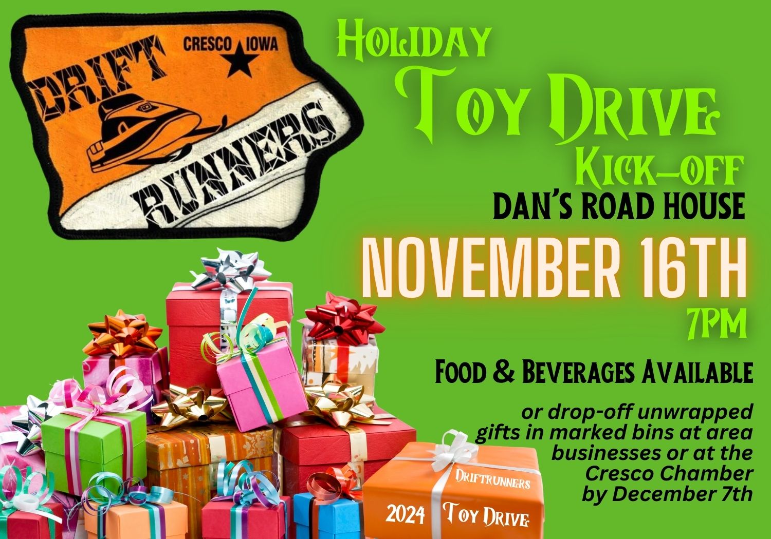 Driftrunners logo, christmas boxes, holiday toy drive