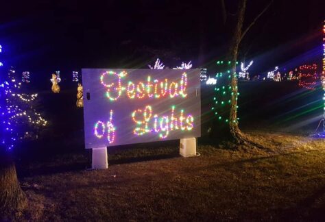 Photo showing "Festival of Lights" sign lighted by Christmas-themed lights in a park at night.