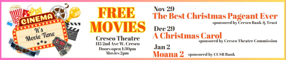 picture announcing free movies at Cresco Theatre in Nov, Dec and Jan 2025