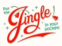 Beige background with red letters spelling Jingle with green letters "in your pocket"