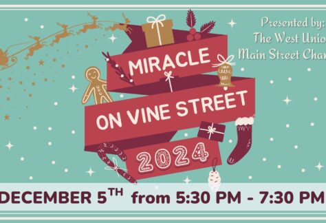 Image promoting Miracle on Vine Street event presented by the West Union Main Street Chamber: Dec. 5th from 5:30pm-7:30pm.