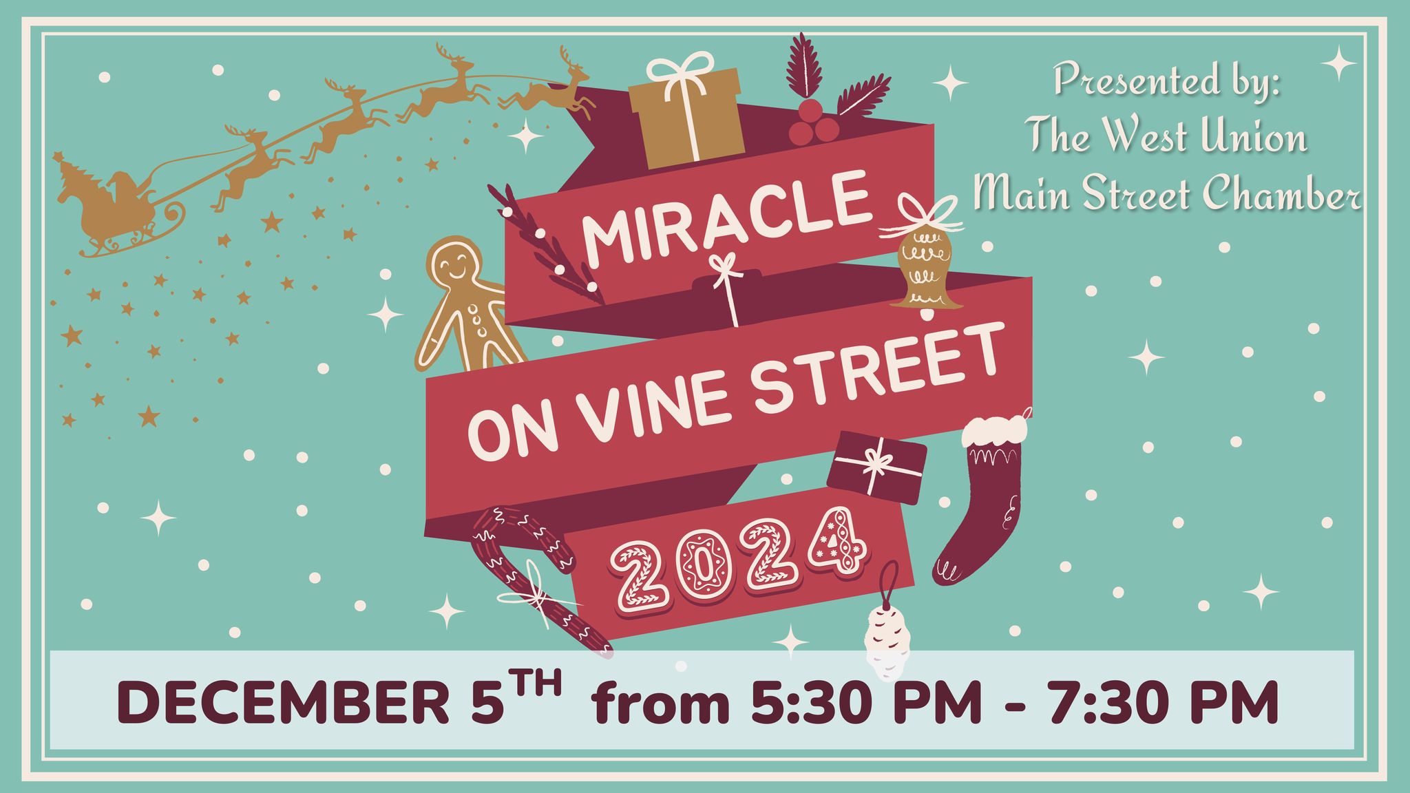 Image promoting Miracle on Vine Street event presented by the West Union Main Street Chamber: Dec. 5th from 5:30pm-7:30pm.