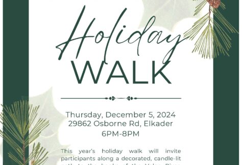 Promotional poster for Clayton County Conservation's Holiday Walk. Thursday, December 5, 2024 at 29862 Osborne Rd, Elkader. 6pm-8pm. "This year's holiday walk will invite participants along a decorated, candle-lit path to the banks of the Volga River, where a bonfire will greet them with s'mores. The Central Madrigal Choir will also entertain us with some holiday tunes. Reservations are required.