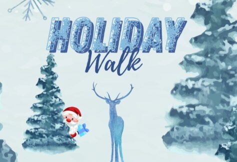 Promotional image for Holiday Walk with blue trees and a blue deer in a winter setting with a cute Santa image peaking from a tree.