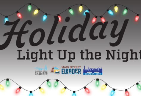 Holiday Light Up the Night promotional image with Elkader logos and holiday light images.